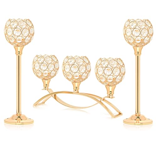 Crystal Tealight Candle Holder Centerpiece Home Decorative Candlestick Holder Elegant Table Centerpiece Home Decor Wedding Party Anniversary (Gold, Set of 3) - color: Gold, size: 3 Pieces