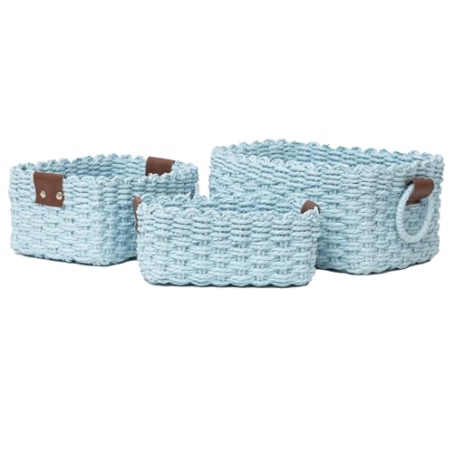 Woven Paper Rope Wicker Basket for Organizing(Set of 3,Blue) - color: Sky-Blue
