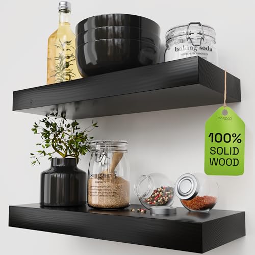 Solid Wood Floating Shelves For Wall 16 inch Black, Bathroom Wooden Shelf - color: Black, size: 16 Inch