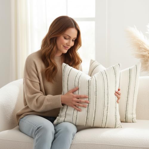 Boho Jacquard Throw Pillow Covers 20x20 Inch Set of 2 Beige Green - color: Beige+green, size: 20" x 20" (Pack of 2)