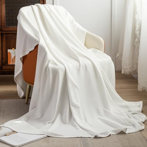AmyHomie Cooling Waffle Blanket King Size, 100% Rayon Derived from Bamboo - color: White, size: King (108"x90")