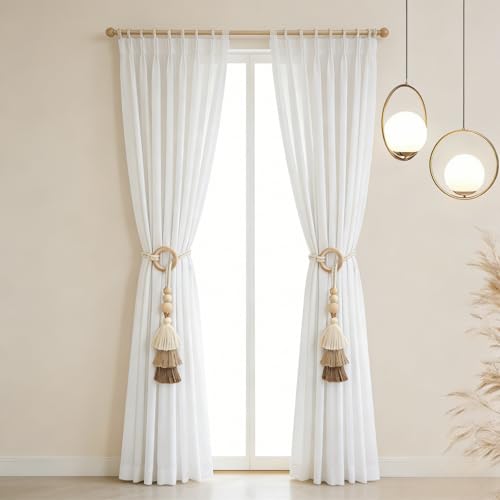 Boho Curtain Tiebacks with Wooden Beads & Tassel 2 Pack, Beige