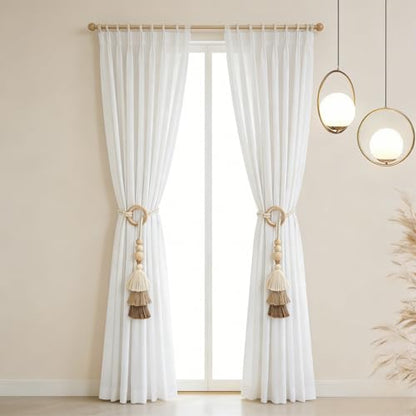 Boho Curtain Tiebacks with Wooden Beads & Tassel 2 Pack, Beige
