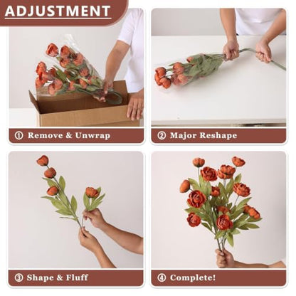 6 Pcs 27" Faux Silk Peony Artificial Fall Flowers Stems for Vase (Orange) - color: Orange