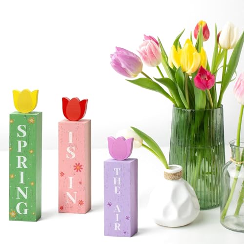 3 Pcs Spring Tulips Wood Table Decor Tulip Flower Block Signs Hello Spring Flowers Table Centerpieces Tulips Spring Holiday Decoration for Home Kitchen Office Desk Easter Decor - style: Spring Tulip