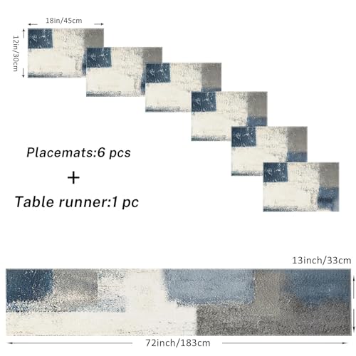 ArtSocket Table Runner and Placemats Set of 6, Abstract Farmhouse - color: Abstract Blue Grey