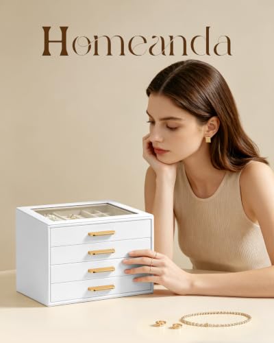Homeanda Jewelry Boxes Organizer with Glass Lid, 4-Layer PU Leather, White - color: White, size: 4 Layer
