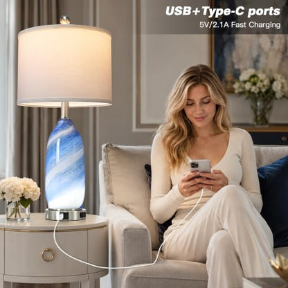 Rinweey 26" Grey-Blue Glass Table Lamps Set of 2,Coastal Lamps Nautical lamp with USB A+C Ports & AC Outlet,Bedside Lamps with 3-Way Dimmable-Night Light for Bedroom Living Room,Grey-Blue - color: Grey-Blue