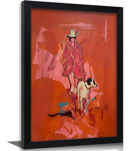 Framed Western Cowgirl Canvas Wall Art, Funky Western Picture Wall Decor | Fashion Cowgirl and Dog Print, Abstract Woman Portrait Art, Country Girl Posters artwork for Living Room Bedroom Home Decor - color: woman in red, size: 10"L x 8"W