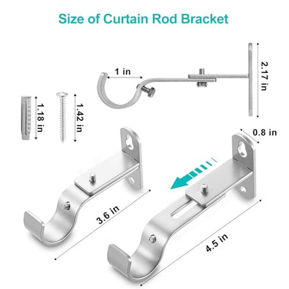Adjustable Curtain Rod Brackets, Metal Window Drapery Rod Hanger Holders Hooks for 1 inch Rods (Satin Silver, Set of 2) - color: Satin Silver, size: Set of 2