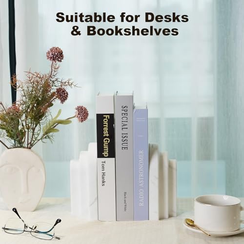 Natural Marble Book Ends - Heavy Duty Bookends for Shelves - Aesthetic Layered Arch Design Stone Book Holders, Decorative Modern Office Bookshelf Stopper Decor for Books/CDs, White - style: Arched-White