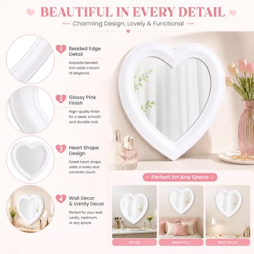 Mokoze Heart Shaped Mirror, Desk or Wall, 11" x 10.6", White