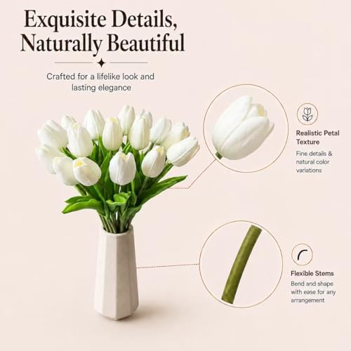 Mandy's 20 Stems White Artificial Tulip Flowers for Home Centerpieces - color: White 20pcs
