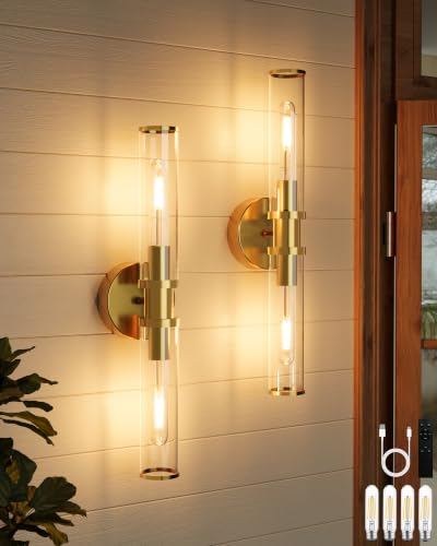 Battery Operated Wall Sconces Set of 2 with Remote Control, Gold, 8000mAh - color: Gold(Clear Tubular Lampshade)