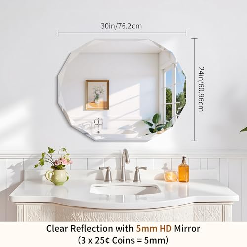 GLASHOM Frameless Oval Bathroom Mirror, 24x30 inch Beveled Wall Mirror - size: 24"L x 30"W