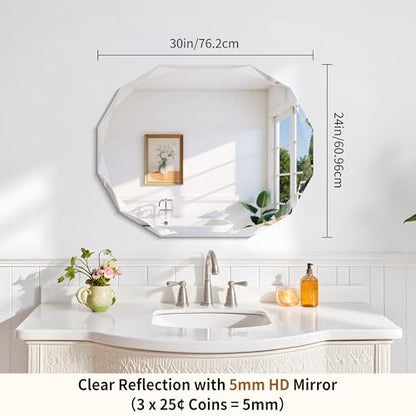 GLASHOM Frameless Oval Bathroom Mirror, 24x30 inch Beveled Wall Mirror - size: 24"L x 30"W