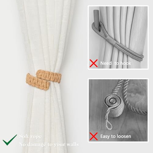 NICEEC 2 Pack Natural Cotton Rope Curtain Tiebacks Farmhouse Rustic Style Decorative Drape Tie Backs Handmade Braided Curtain Holdbacks for Home & Office Sheer/Light Weight Drapery (C-Dark Beige-S) - color: Dark Beige-small, size: 2 Pack