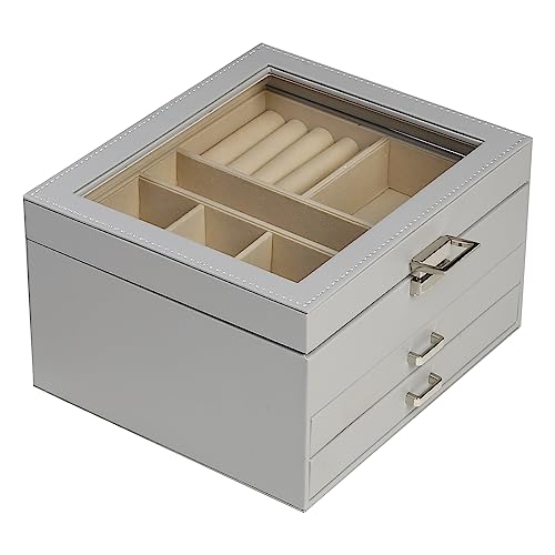 BOOVO Clear Lid Jewelry Box,3 Layers Jewelry Organizer Large Jewelry Storage Box with 2 Drawers,Jewelry Holder Organzier of Rings Earrings Necklace Bracelets for Women (Grey, 3 Layer) - color: Grey, size: 3 Layer