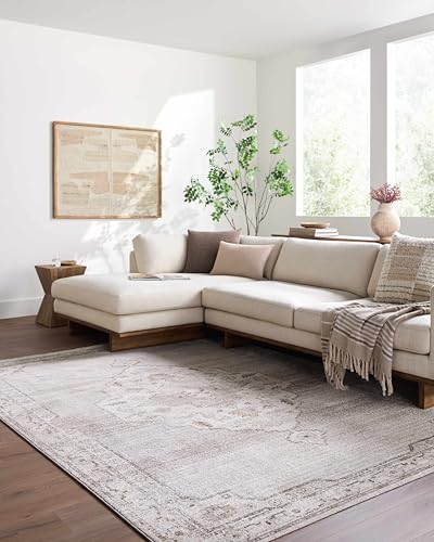 Hauteloom Sinclair Oriental Medallion Area Rug - Vintage Faded Look Traditional Floral Carpet for Living Room, Bedroom, Dining Room - Farmhouse - Ivory, Taupe, Sandstone - 5' x 7'5" - color: Light Gray, Off - White, Taupe / Havard, size: 4'11" x 7'5" (Rec