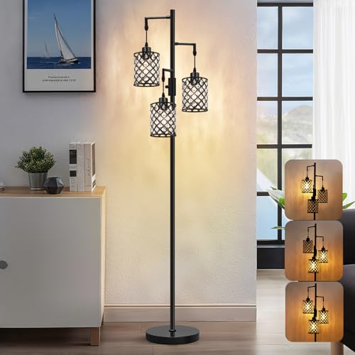 GyroVu Crystal Floor Lamps for Living Room, 3-Light Black Floor Lamp, Standing Tall Lamp with Elegant K9 Crystal Shade & Rotary Switch, Modern Corner Floor Lamp for Bedroom, Home Office, Reading - color: Black-3 Lights