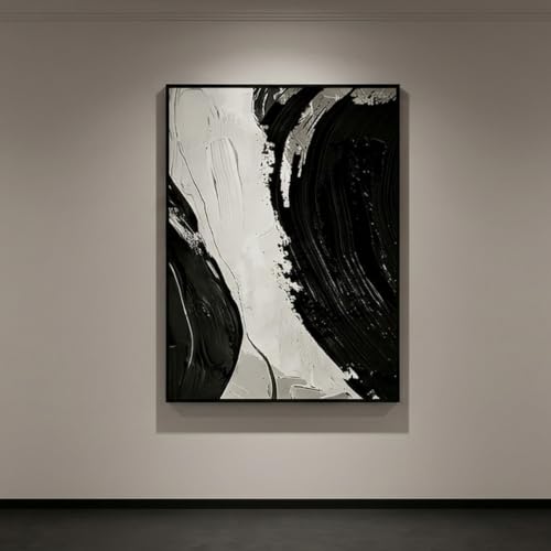 QKF Brush Abstract 3D Texture Black Aluminum Frame Canvas Wall Art - color: Charcoal Black & White