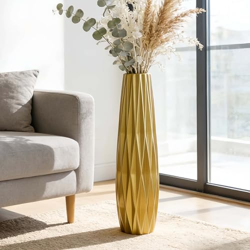Gold Tall Ceramic Floor Vase, 28 Inch, Ribbed Design | Glossy Glazed Finish, Spacious Rooms, Statement Corners, Fireplace, Dried Branches - color: Shape 1 Gold, size: 28 Inch