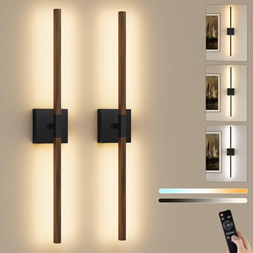 Rayogale Black Walnut Rechargeable Wall Sconce with Remote Control, 24 Inch - color: Black & Walnut, size: 24 Inch(2 Pack)