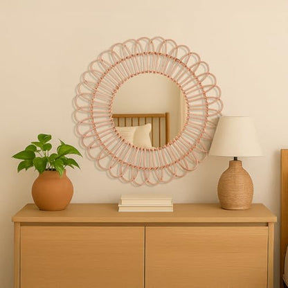 American Art Decor 25" Boho Woven Rattan Mirror - Round Decorative Wall Mirror - Rustic Farmhouse Small Hanging Accent Mirror for Living Room, Bedroom, Kitchen, Bathroom, Entryway