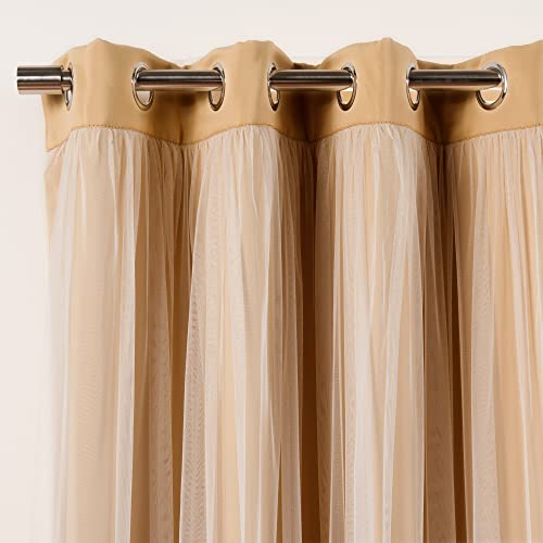 Best Home Fashion Set of 2 Lace Tulle Overlay Thermal Insulated Solid Blackout, Stainless Steel Nickel Grommet Window Panels for Bedroom, Living Room, Dining Room - 52" W x 63" L, Wheat - color: Wheat, size: 52"W x 63"L (Pack of 2)