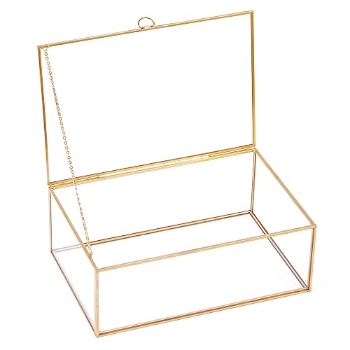 Golden Vintage Clear Glass Lidded Box Edge Bracelet Keepsake Decorative Jewelry Display Home Decor (10.8x7x4 in)