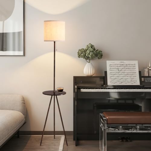 Floor Lamp with Side Table, Linen Shade, Standing Lamp for Living Room - color: Rustic Brown