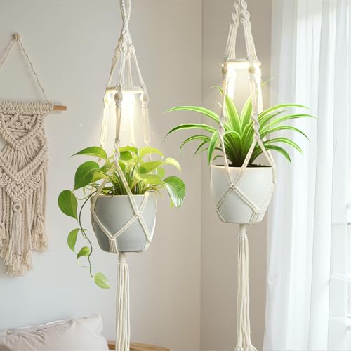 2 Pack Macrame Plant Hanger with Grow Light for Indoor Plants - color: Plant Hanger Ivory(daylight)
