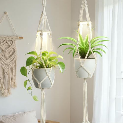 2 Pack Macrame Plant Hanger with Grow Light for Indoor Plants - color: Plant Hanger Ivory(daylight)