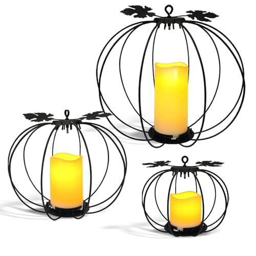 Halloween Light Up Pumpkin Lantern, 3 Pcs Metal Black Pumpkin Candle Holders with Timer Flickering Yellow LED Candle Lights for Thanksgiving Halloween Harvest Fall Home Decor