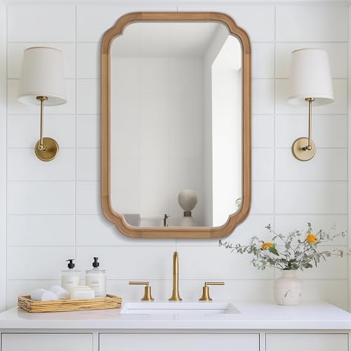 WallBeyond 20" x 30" Rounded Corner Arch Wall Mirror with Wood Frame for Entryway, Living Room or Bedroom Home Decor - Light Woodgrain [20" x 30" Honey-Colored] - color: Honey a, size: 30"L x 20"W