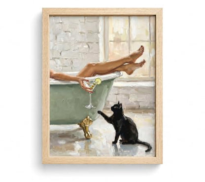 Framed Black Cat Bathtub Canvas Wall Art Poster Prints 8×10In1P Be Hung - color: bathroom-1, size: 8×10in