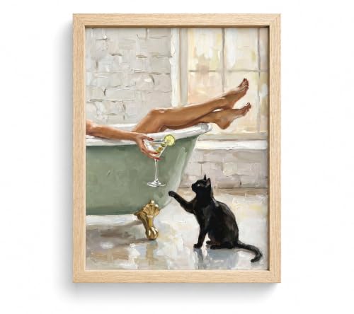 Framed Black Cat Bathtub Canvas Wall Art Poster Prints 12×16In1P Be Hung - color: bathroom-1, size: 12×16in