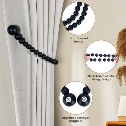 KLOGTSIND Magnetic Curtain Tiebacks, 2 Pack Wood Bead Curtain Holdbacks - color: Black