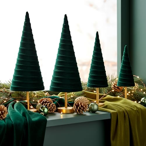 Hoolerry 4 Pcs Christmas Velvet Trees with Gold Pedestal, Green - color: Green