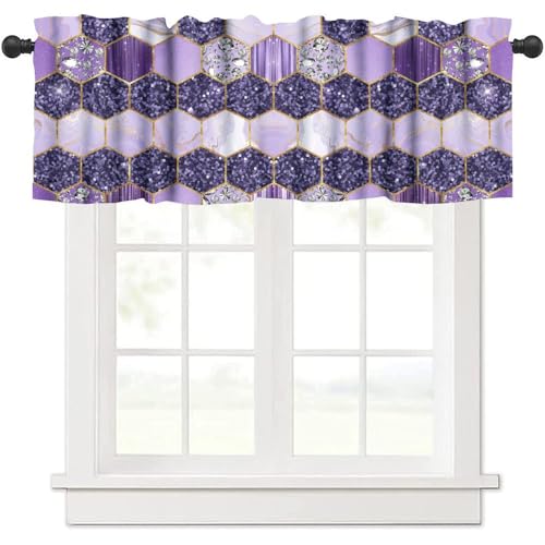 Purple Marble Valance, Abstract Gold Ombre Modern Luxury Diamond Honeycomb Geometric Romantic Print Blackout Short Window Curtain Treatment for Girls Bedroom Living Room, 54x18inch - color: Marble-22