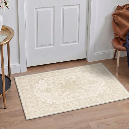 GENIMO 2X3 Washable Area Rug for Entrance, Boho Vintage Medallion Non Slip - color: Dusty Ivory, size: 2' x 3' (Rectangular)