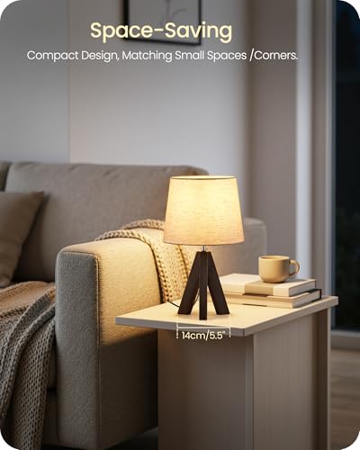 Small Table Lamp for Bedroom, 14.6" Bedside Lamp with Beige Linen Shade & Walnut Wood Tripod Base, Modern Nightstand Lamp for Living Room, Nursery, Entryway, E26 Socket, VE51TL05 - color: Beige+Dark Walnut