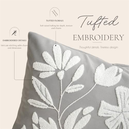 BlissBlush Throw Pillow Cover 20x20 Inch, Light Gray Floral Tufted Velvet Decorative Accent Pillow Case for Sofa Bed Living Room, Cover Only - color: Light Gray, size: 20" x 20" (Pack of 1)