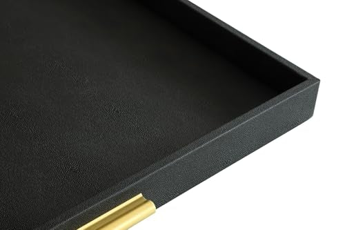 HofferRuffer Extra Large Square Serving Tray, Elegant Faux Leather Ottoman Tray with Gold Hardware Handles, Serve Tea, Coffee or Breakfast in Bed, 24 x 24 inches (Black Shagreen) - color: Black, size: 24" x 24" x 2"