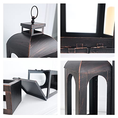 LED 랜턴 장식 야외 및 실내, 2개 세트 (43.2cm(17인치) 및 33cm(13인치)) 블랙 메탈 랜턴 장식, 빈티지 벽걸이 캔들 홀더 가정 현관 결혼식 할로윈 크리스마스 장식 배터리 전원 - color: 블랙 브론즈 브러시 / 43.2cm(17인치)+33cm(1