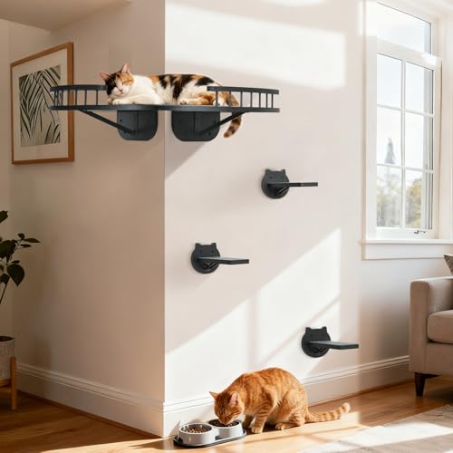 Cat Wall Shelves Furniture Set with Scratching Pad，Wooden Cat Climbing Wall Systems with 2 Perches and 3 Steps, Floating Shelves Bed Wall Mounted for Indoor Fit Up to 15Lbs (Black) - color: Black