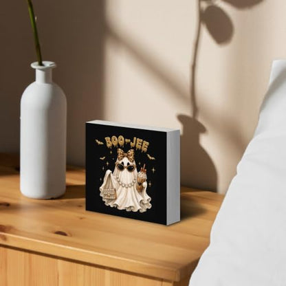 Preppy Halloween Leopard Bow Ghost Wood Box Sign Desk Decor 5X5 - color: Glam Ghost