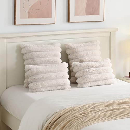 FUTEI Pack of 2 Faux Rabbit Fur Throw Pillow Covers 20x20 Inch, Beige - color: Beige, size: 20" x 20" (Pack of 2)