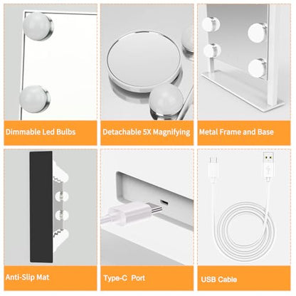 Dirket Vanity Mirror with Lights, Hollywood Lighted Makeup Mirror with 3 Color Lighting Modes and 9 Dimmable Bulbs, Detachable 5X Magnification, Smart Touch Control, 360°Rotation, White - color: 9 Bulbs