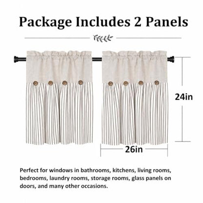 DOSLY IDÉES Farmhouse Linen and Cotton Curtain, Brown Striped,26" W x 24" L - color: Linen & Brown Striped, size: 26"W x 24"L (Pack of 2)